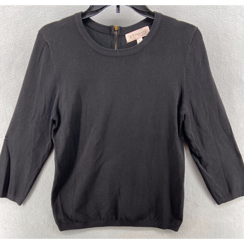 Philosophy Sweater Women Large Black Crewneck Back Zipper 3/4 Sleeve Pullover
